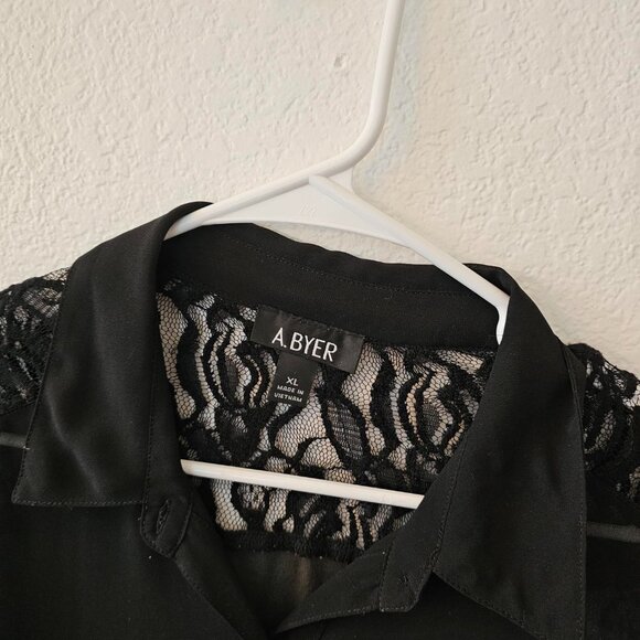 A. Byer Black Women's Size XL Button Top with Lace Detail 3/4 Sleeve - Picture 2 of 6